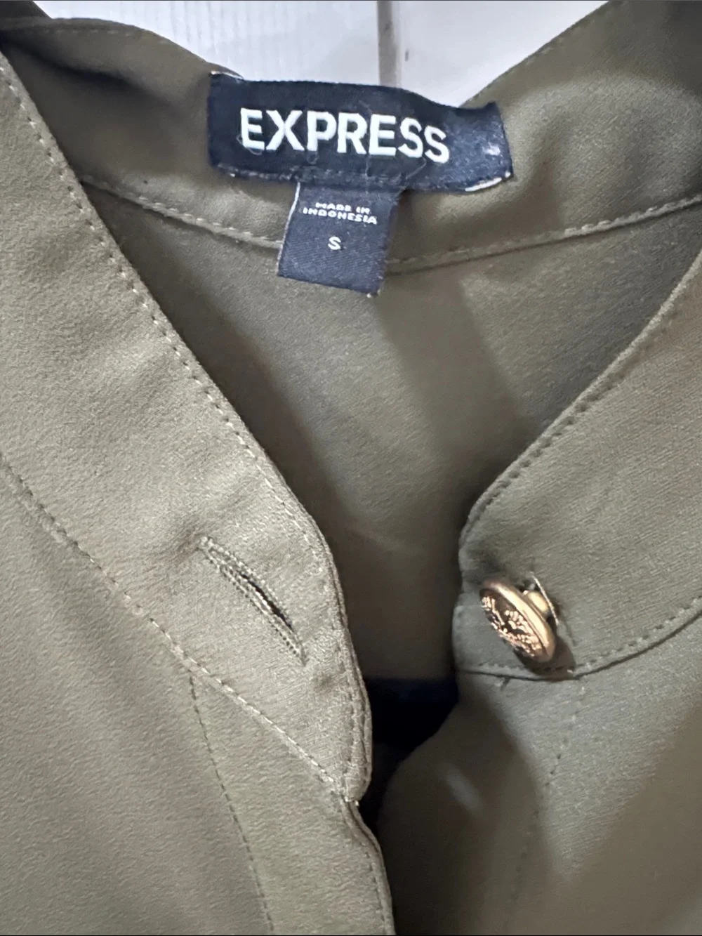 Express Olive Green Tie-Neck Blouse with Gold Buttons - Picture 5 of 5